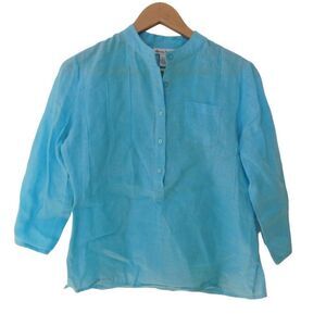 Alexandra bartlett‎ womens Linen top Aqua Popover Tunic Size Small 3/4 Sleeves
